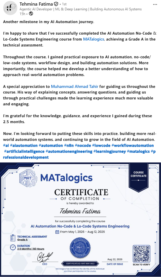 LinkedIn post — Tehmina Fatima, course completed with Grade A, certificate