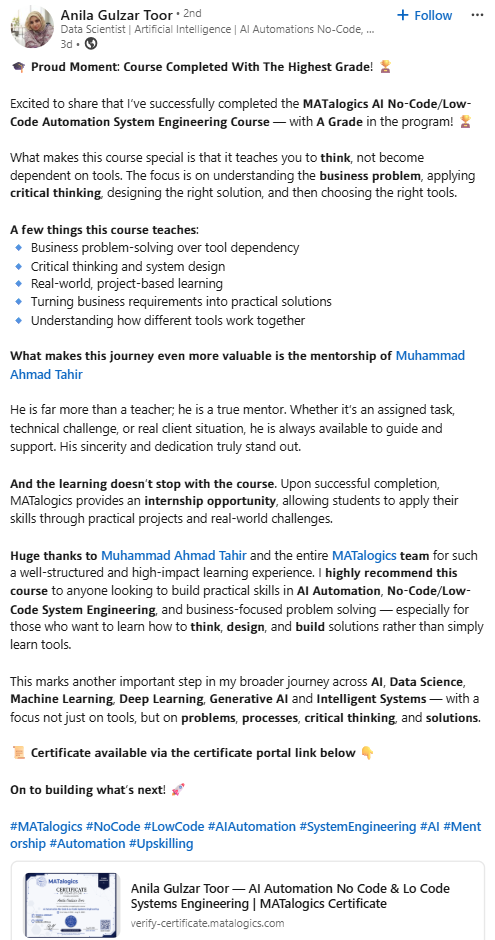 LinkedIn post — Anila Gulzar Toor, course completed with highest grade