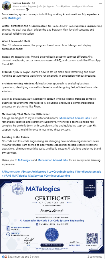 LinkedIn post — MATalogics student sharing their course win