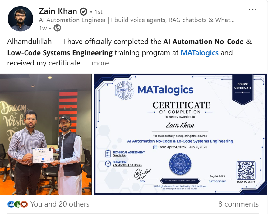LinkedIn post — MATalogics student sharing their automation progress