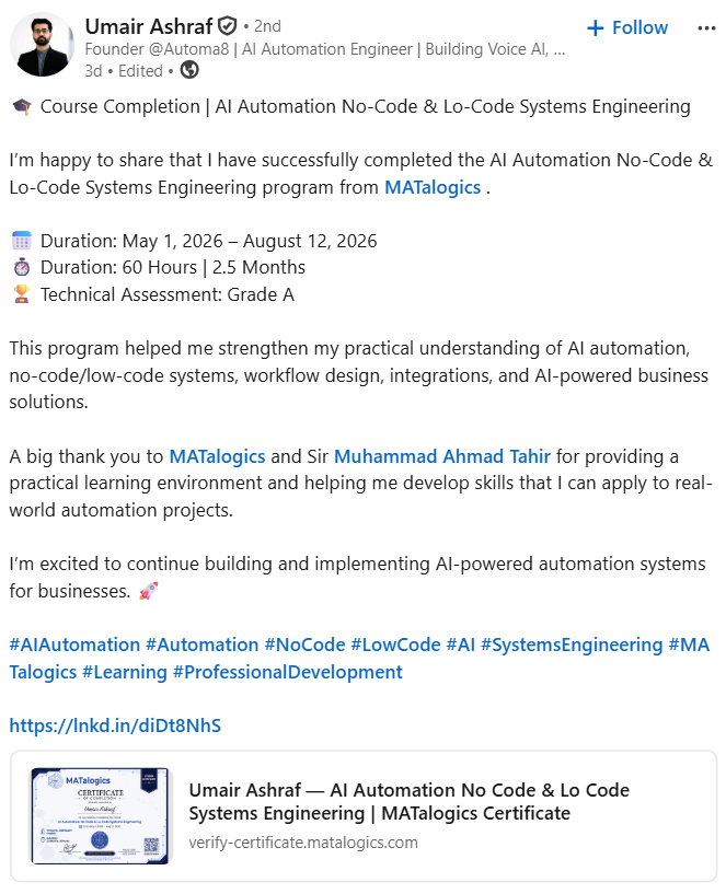 LinkedIn post — MATalogics student celebrating course completion