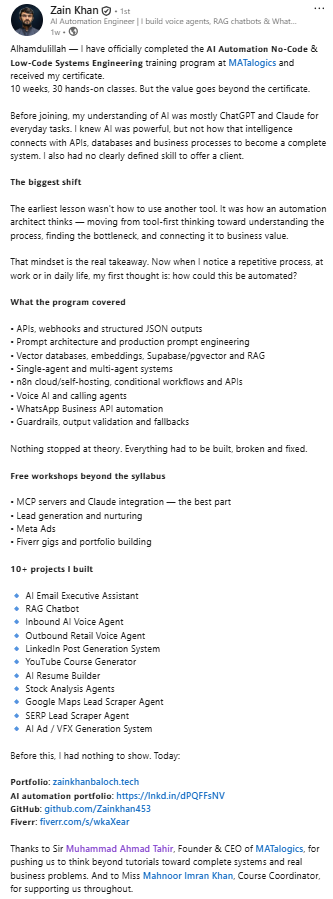 LinkedIn post — MATalogics student on the skills they gained