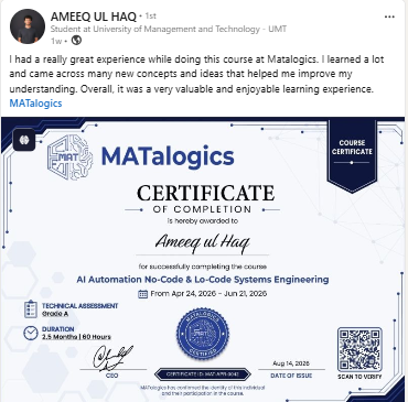 LinkedIn post — MATalogics student sharing their certificate and results