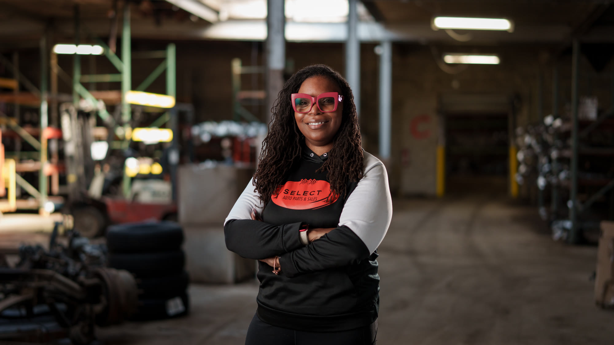 Natasha Broxton in the Select Auto Parts warehouse