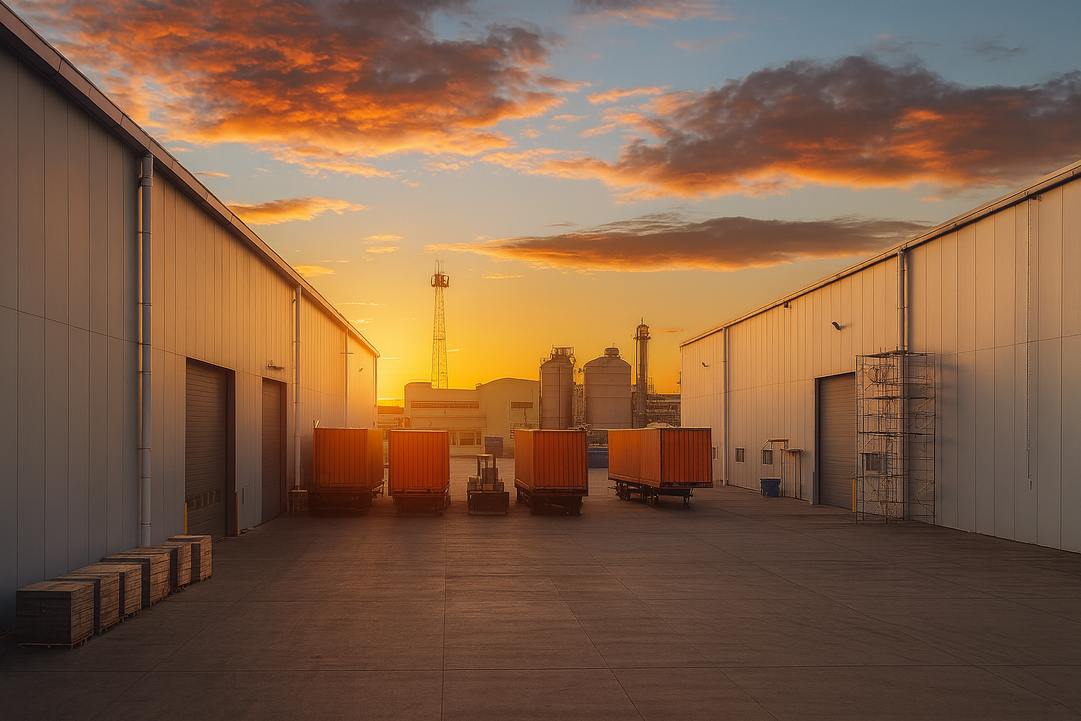 Parque industrial en el Bajío al atardecer, representando la operación de VDITECH en Querétaro, CDMX y el corredor industrial México–Querétaro–Celaya.