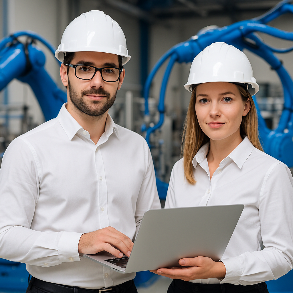 Dos ingenieros de proceso y automatización, hombre y mujer, mirando a la cámara en una planta industrial moderna con robots azules de fondo. Ambos usan casco blanco, camisas claras y sostienen una laptop, representando innovación y profesionalismo en automatización industrial.