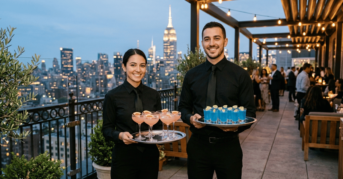 Two professional servers in black dress shirts and ties on a NYC rooftop terrace at dusk, one holding a tray of blush pink Summer Coupe cocktails in coupe glasses, one holding a tray of electric blue Kickoff shots, Empire State Building visible in the background Two professional servers in black dress shirts and ties on a NYC rooftop terrace at dusk, one holding a tray of blush pink Summer Coupe cocktails in coupe glasses, one holding a tray of electric blue Kickoff shots, Empire State Building visible in the background