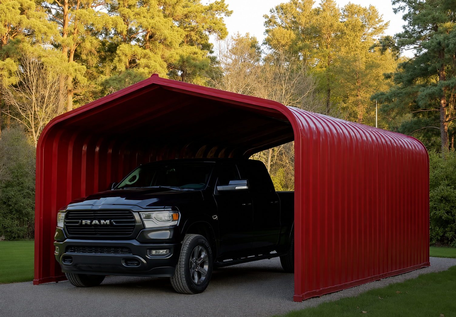 Red metal carport with a truck