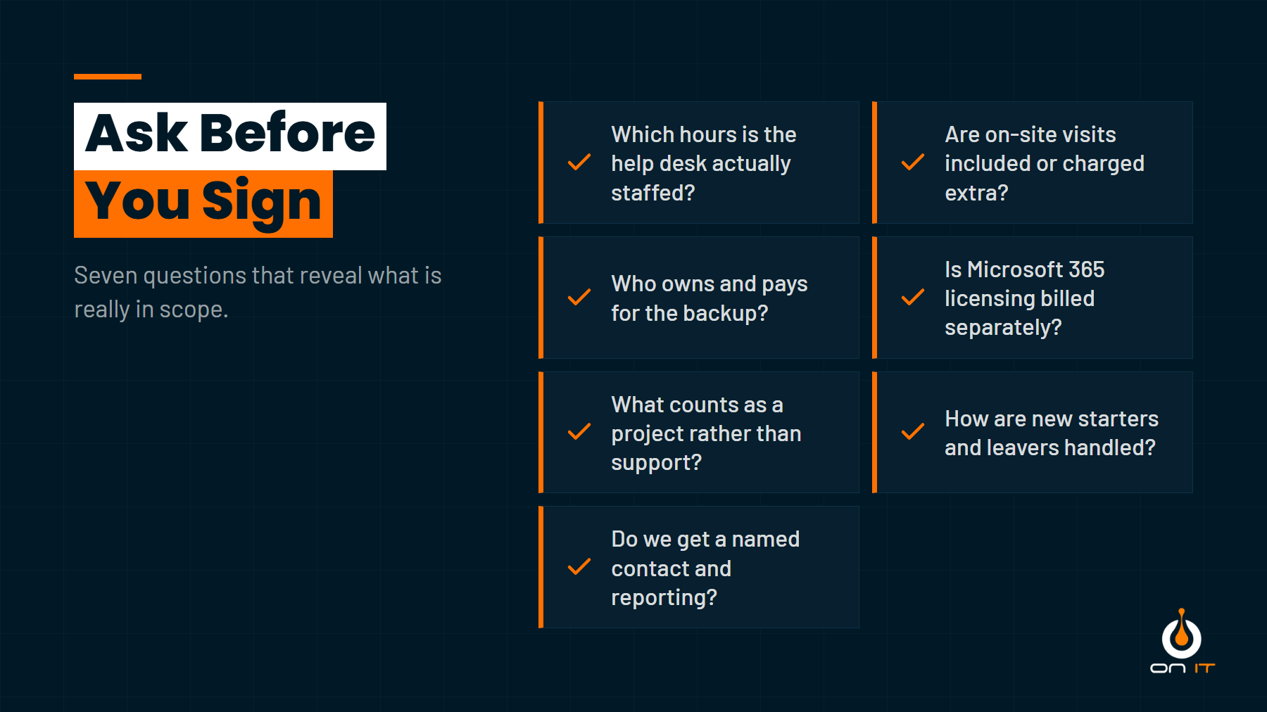 Checklist of seven questions to ask a provider about what their managed IT support contract includes