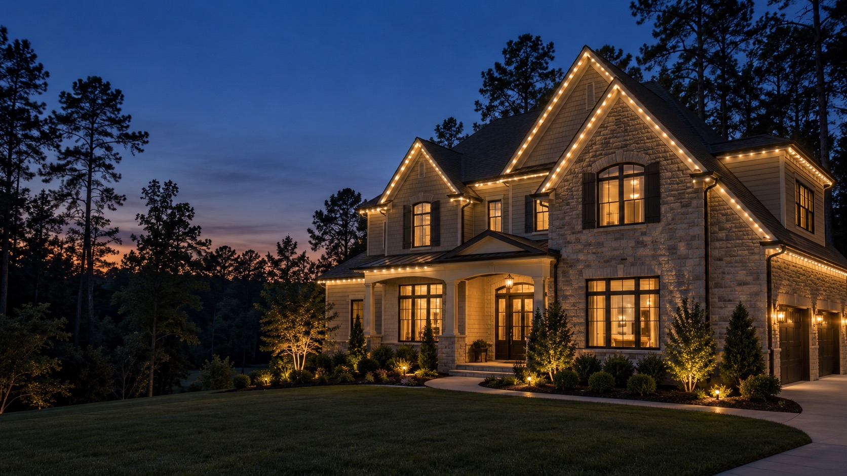Home at dusk with warm permanent lights under the roof edge