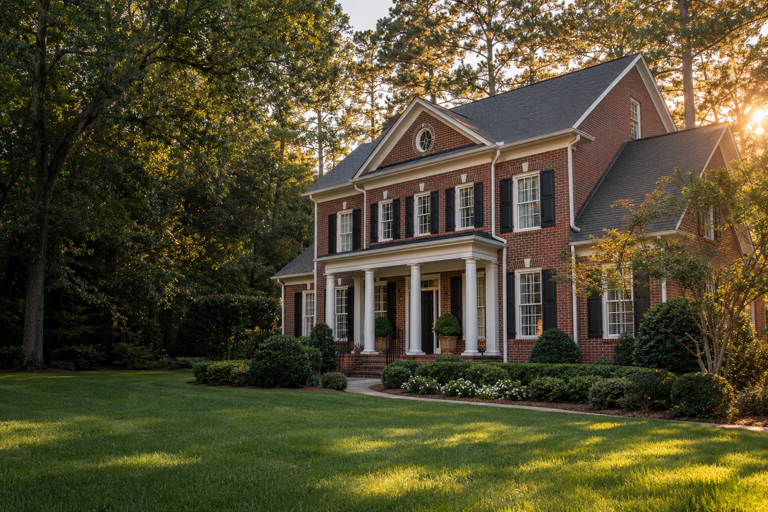 Two-story brick home in Charlotte at golden hour