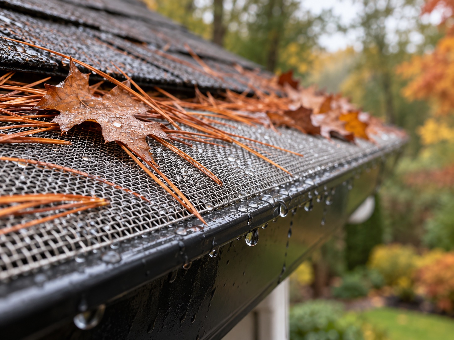 Stainless micro-mesh gutter guard with pine needles resting on top and rain dripping through