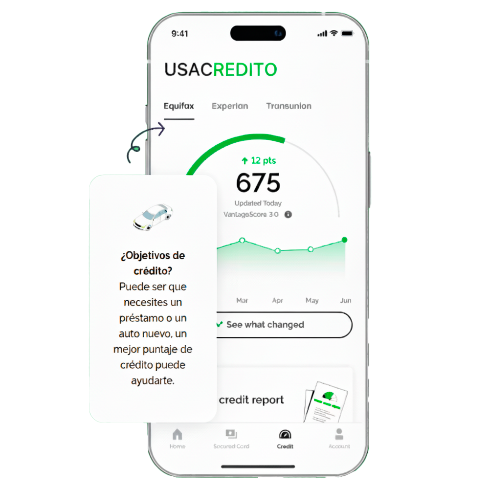 Aplicación móvil de USACrédito mostrando perfil de crédito mejorado