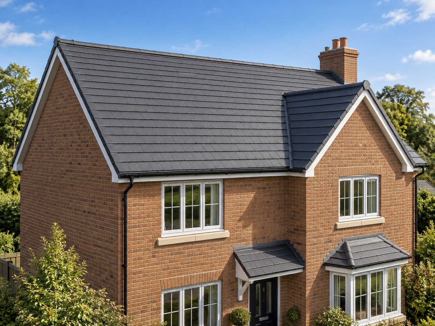 British brick home with a charcoal tiled roof