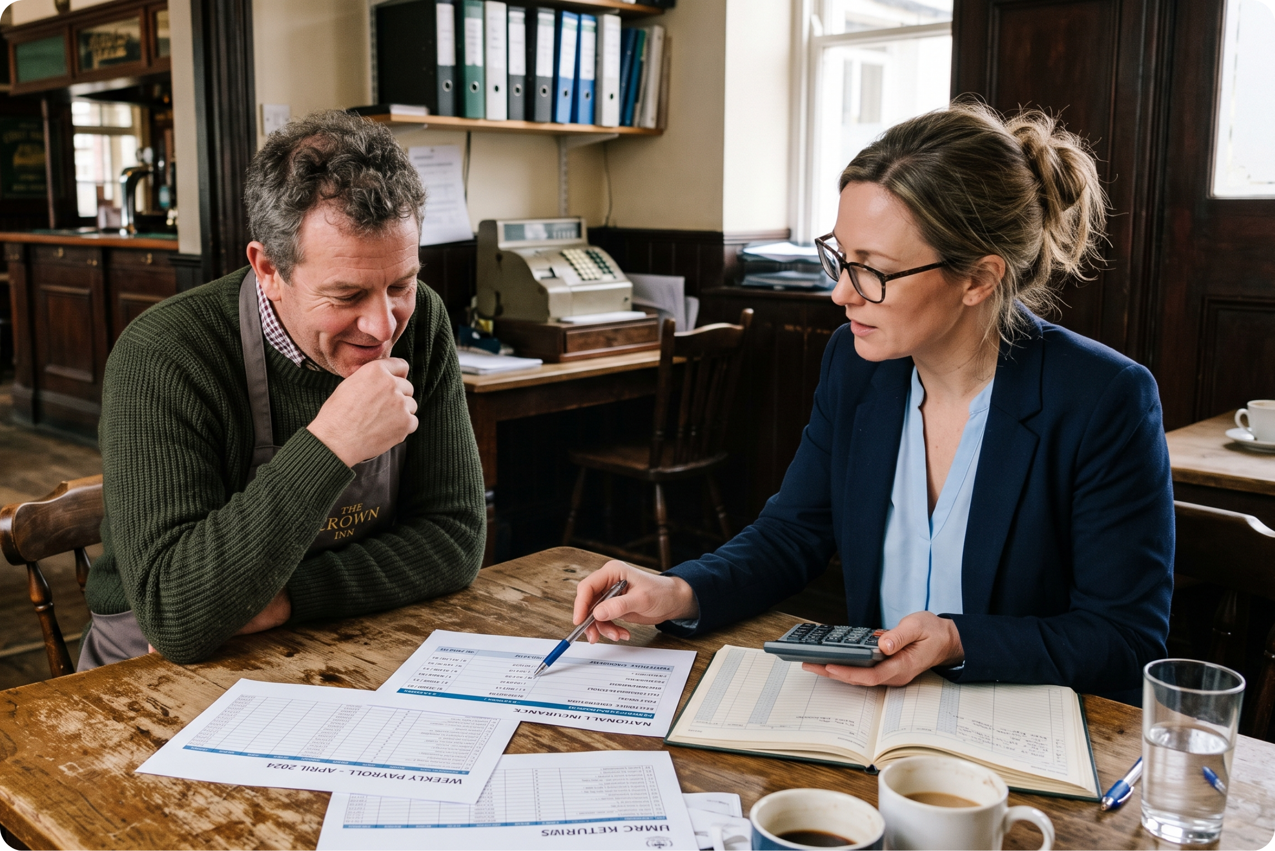Pub owner and accountant reviewing payroll and National Insurance figures together