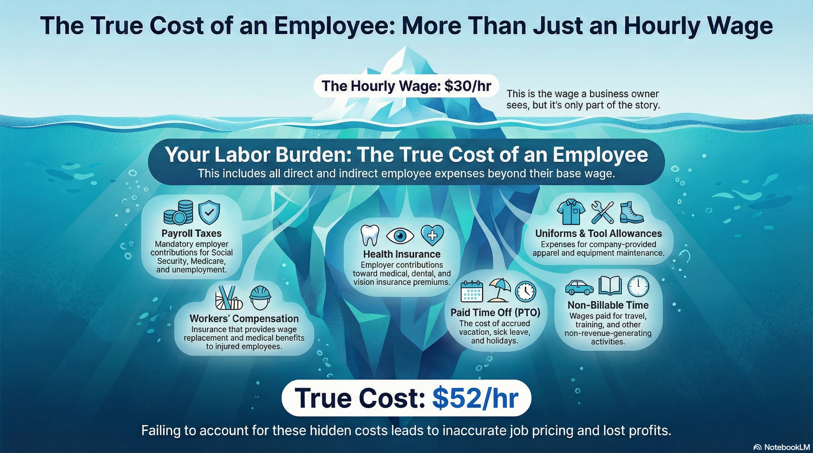 HVAC labor burden calculation diagram showing the hidden costs of a technician beyond hourly wage, including FICA, insurance, and non-billable time.
