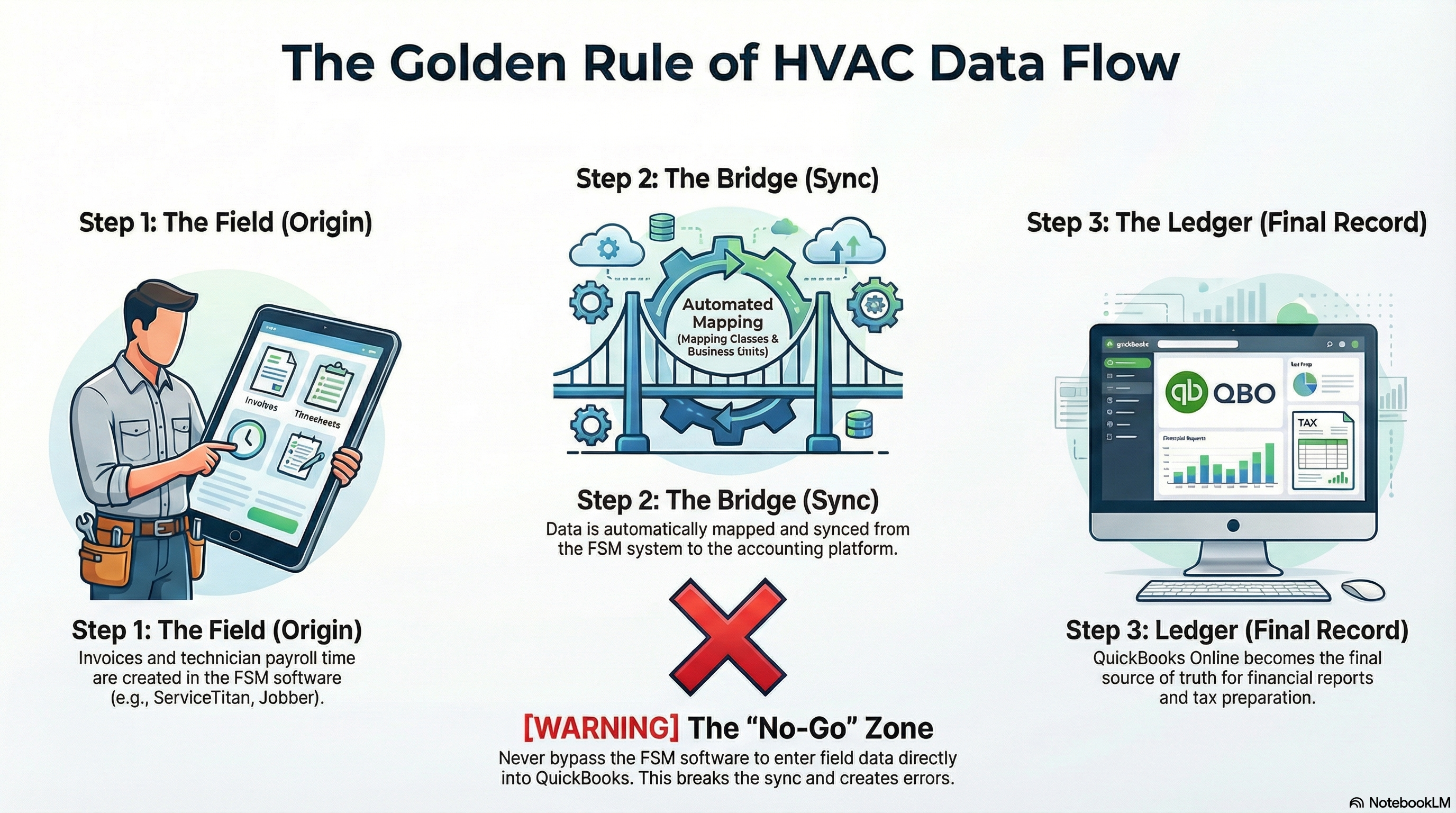 HVAC data flow diagram illustrating the integration between Field Service Management (FSM) software and QuickBooks Online, highlighting common sync drift points in revenue reconciliation and job costing.