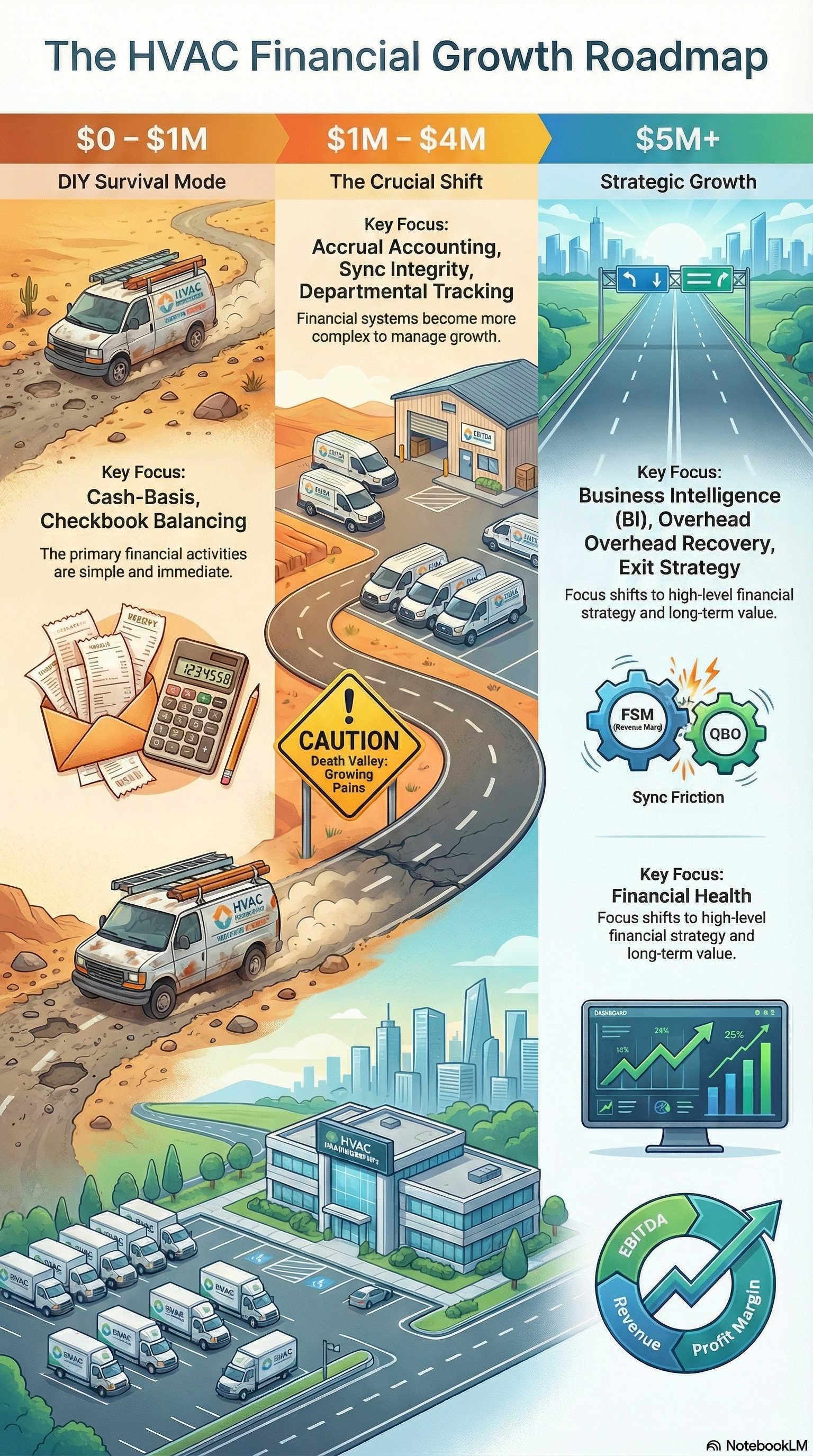 Trade business scaling roadmap illustrating the financial transition stages from a local residential shop to a $5M+ multi-truck enterprise.