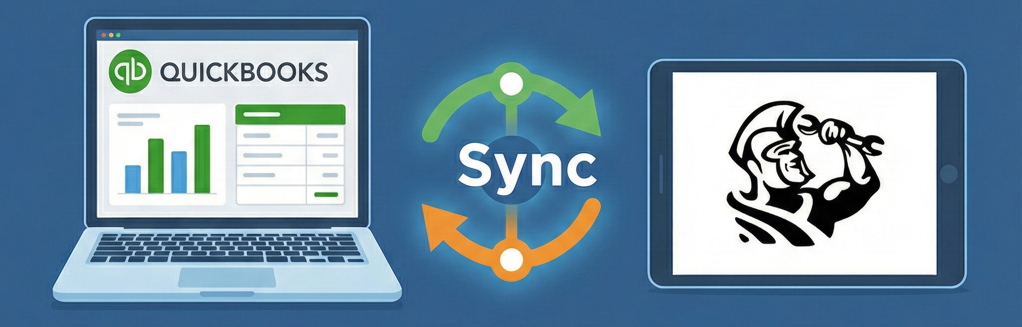 Rugged tablet and desktop computer icon representing seamless FSM to QuickBooks synchronization and full-service financial back-office support.