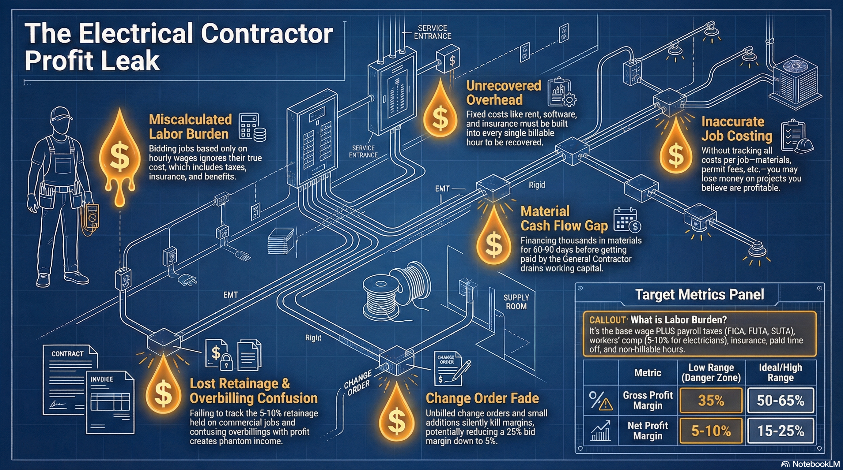 Electrical contractor profit leak infographic showing common bookkeeping problems: miscalculated labor burden including payroll taxes and workers comp, unrecovered overhead costs, inaccurate job costing for materials and permits, 60-90 day material cash flow gap with general contractors, lost retainage on commercial jobs, and unbilled change orders. Target metrics: 50-65% gross profit margin and 15-25% net profit margin for electrical businesses.