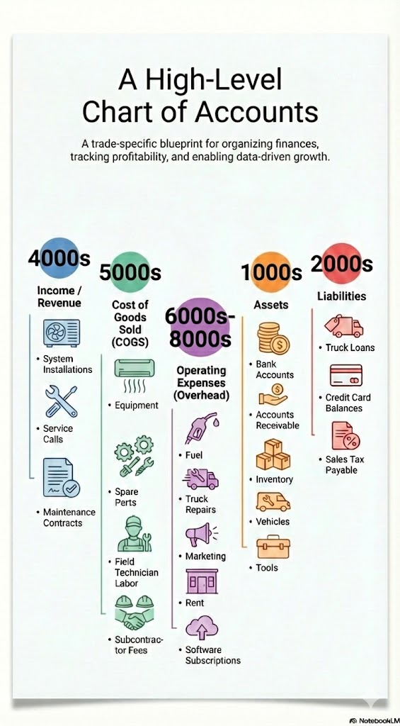 Chart of Accounts infographic for trade businesses showing the five main financial categories: 4000s Income/Revenue (system installations, service calls, maintenance contracts), 5000s Cost of Goods Sold or COGS (equipment, spare parts, field technician labor, subcontractor fees), 6000s-8000s Operating Expenses/Overhead (fuel, truck repairs, marketing, rent, software subscriptions), 1000s Assets (bank accounts, accounts receivable, inventory, vehicles, tools), and 2000s Liabilities (truck loans, credit card balances, sales tax payable).