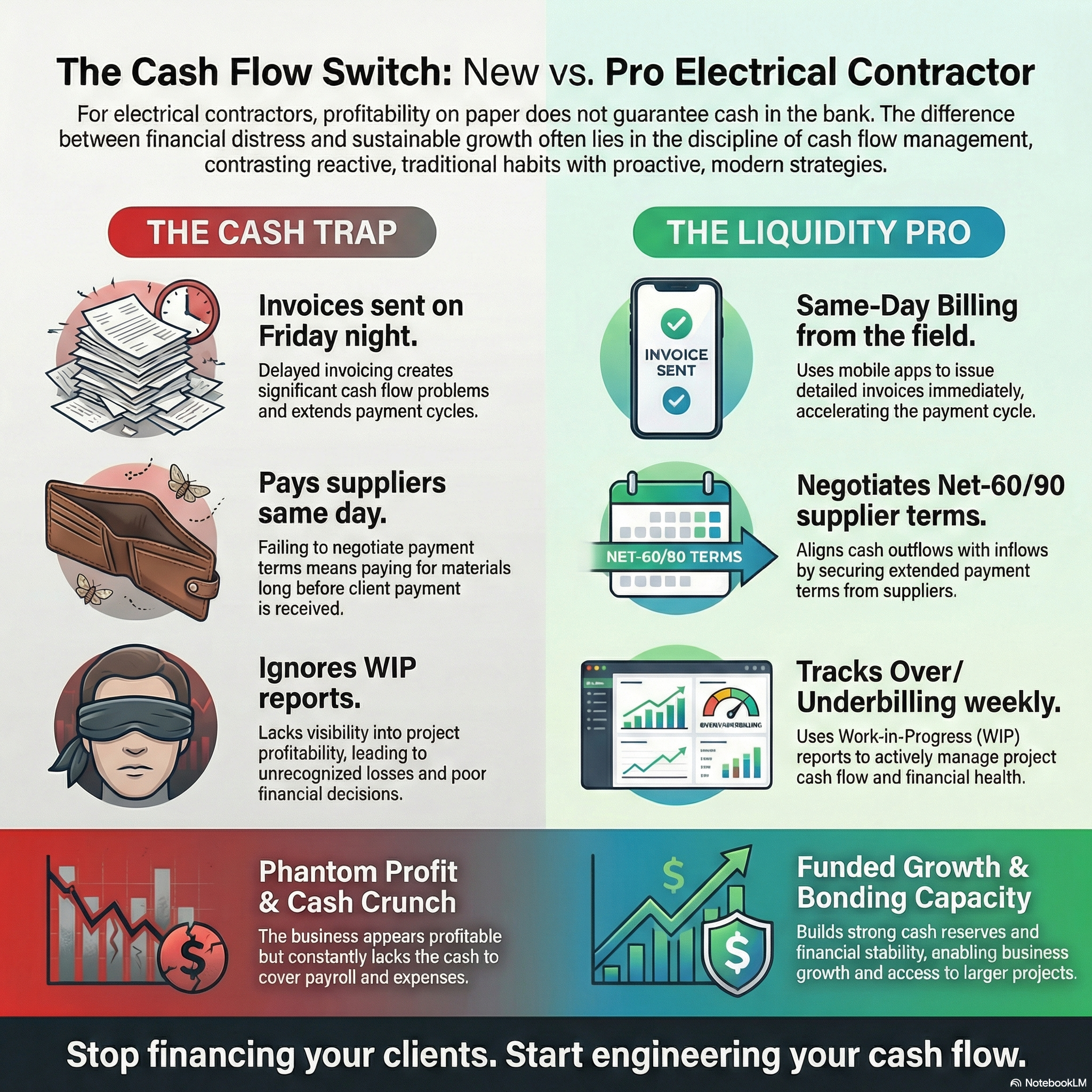 Cash flow comparison infographic for electrical contractors showing "The Cash Trap" versus "The Liquidity Pro." Cash Trap practices (red/negative): invoices sent Friday night causing delayed payment, paying suppliers same day without negotiating terms, ignoring WIP reports leading to poor financial decisions, resulting in phantom profit and cash crunch. Liquidity Pro practices (green/positive): same-day billing from the field using mobile apps, negotiating Net-60/90 supplier payment terms, tracking overbilling and underbilling weekly with WIP reports, resulting in funded growth and bonding capacity. Bottom text: Stop financing your clients. Start engineering your cash flow.