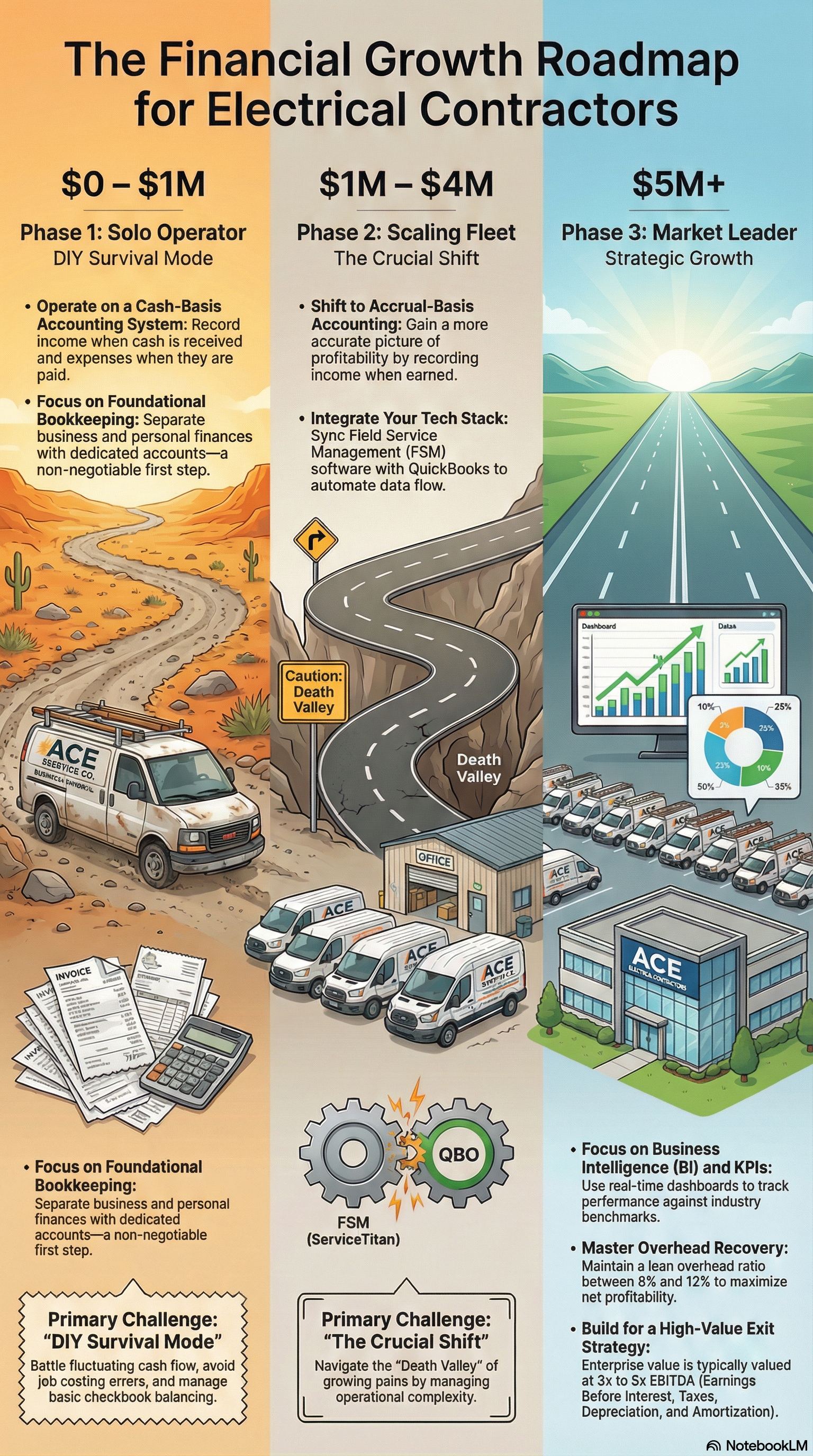 Financial growth roadmap infographic for electrical contractors showing three phases: Phase 1 ($0-$1M) Solo Operator using cash-basis accounting with foundational bookkeeping, illustrated with desert landscape and single van; Phase 2 ($1M-$4M) Scaling Fleet shifting to accrual accounting and integrating FSM with QuickBooks, showing "Death Valley" danger zone with caution sign and small fleet; Phase 3 ($5M+) Market Leader focused on business intelligence, KPIs, overhead recovery, and exit strategy planning, illustrated with corporate office building, large fleet, and growth dashboards showing revenue increase.