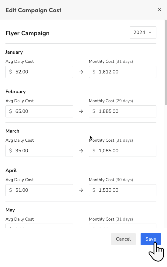 ServiceTitan Edit Campaign Cost screen for a Flyer Campaign showing average daily cost and monthly cost fields by month for January through May 2024, with Save and Cancel buttons