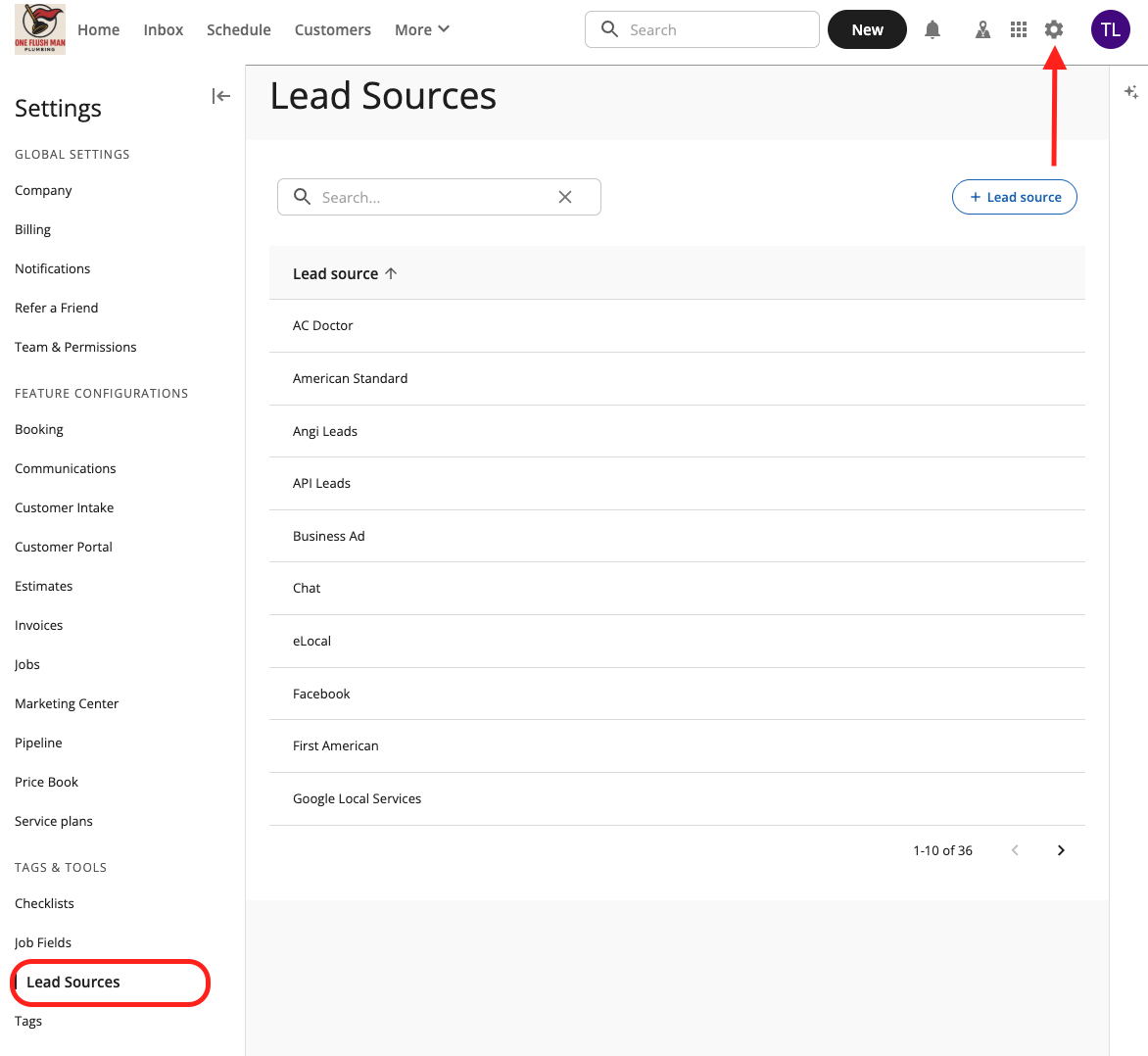 Housecall Pro Settings showing the Lead Sources configuration screen under Tags and Tools, with custom lead sources including Angi Leads, Facebook, Google Local Services and others listed, and the Add Lead Source button highlighted