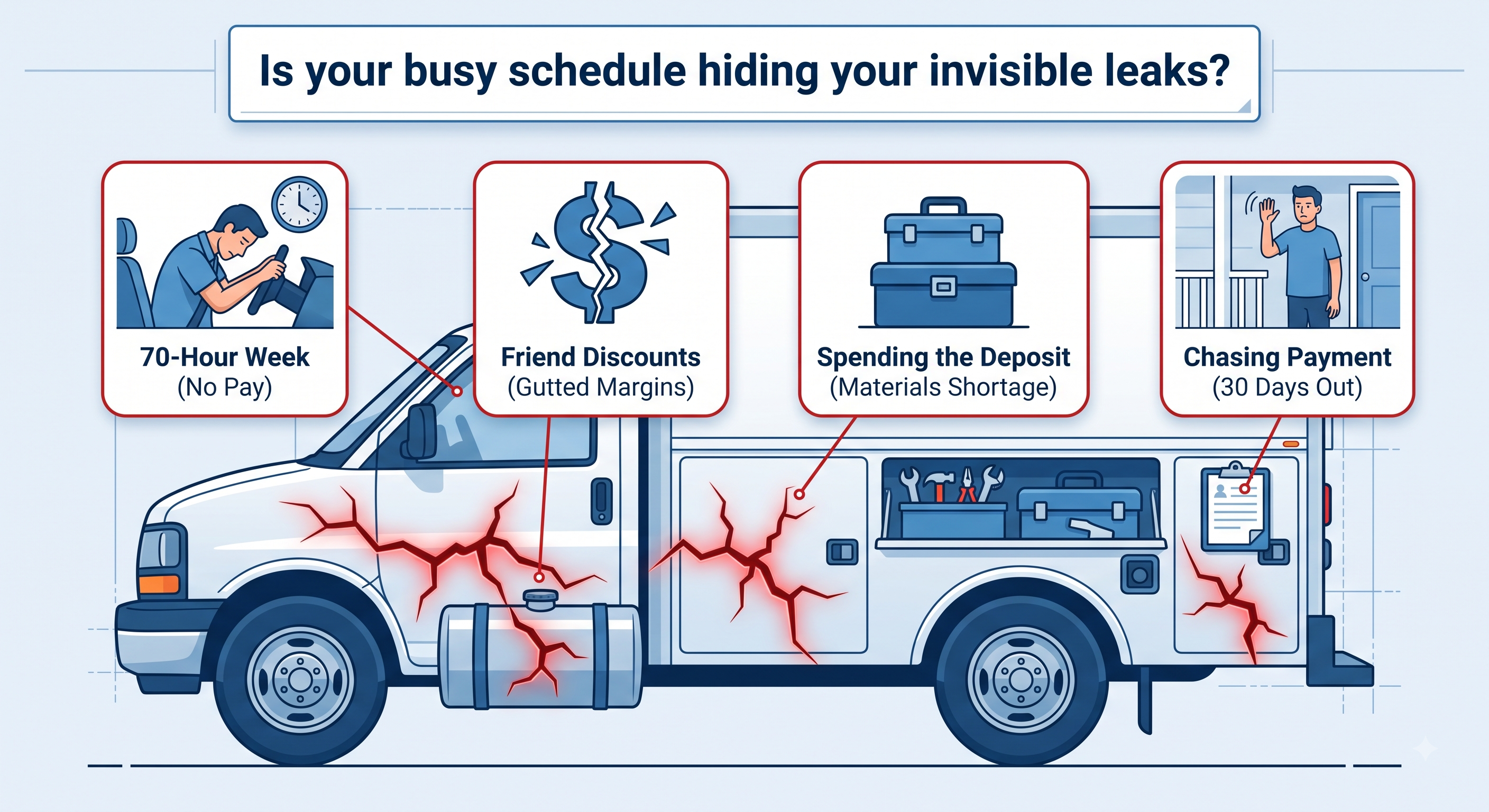 Infographic explaining why a busy HVAC business can still run short on cash even when revenue looks steady.