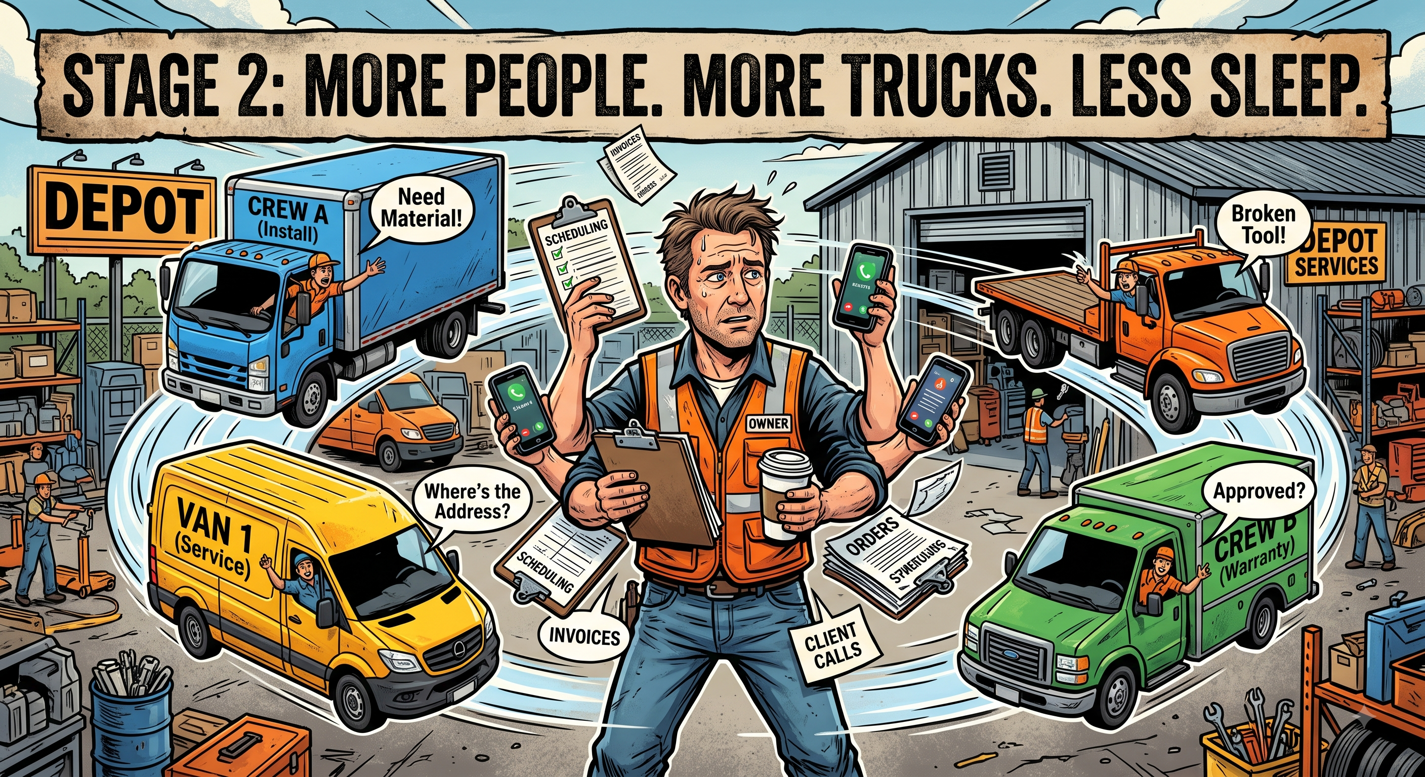 Infographic showing how adding trucks to an HVAC business can shrink profit when overhead grows faster than revenue.