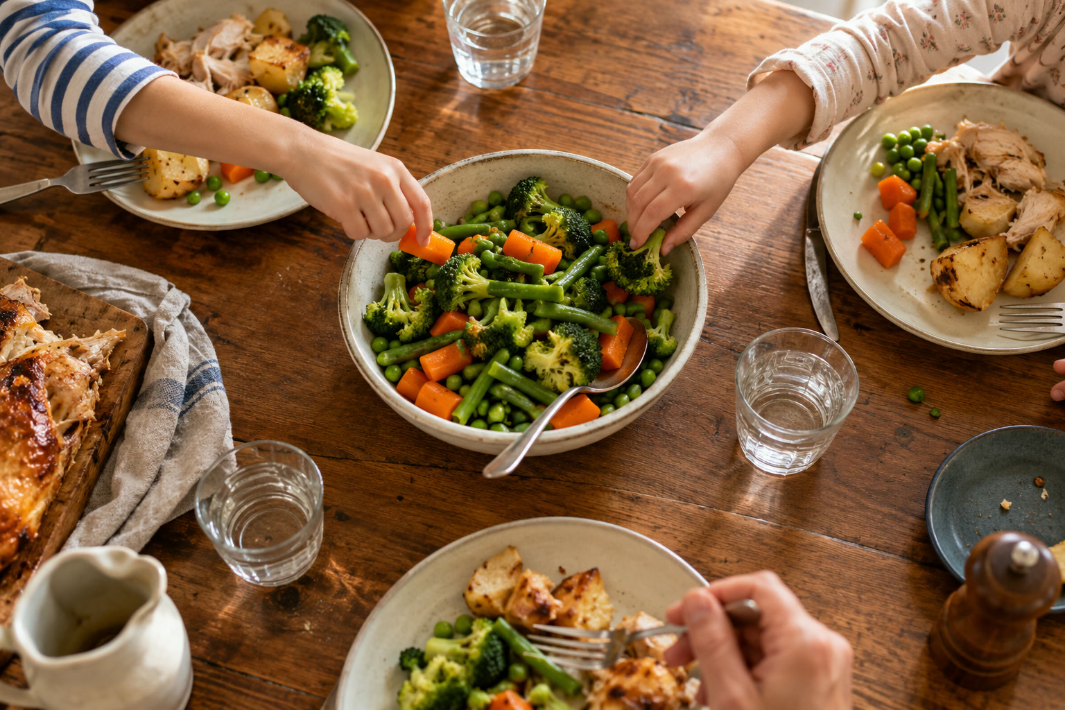 Overhead view of a family dinner table with children's hands reaching into a shared bowl of broccoli, carrots and peas