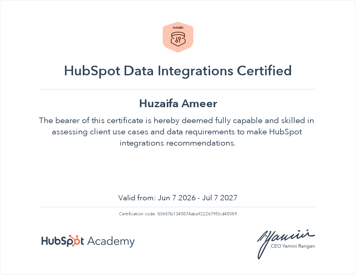 HubSpot Data Integration certificate