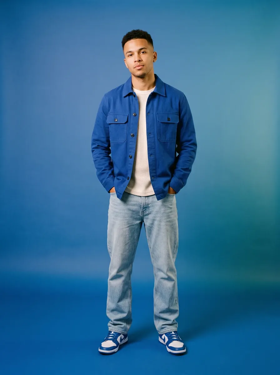 Marcus Vale — studio campaign frame on a cobalt gradient sweep