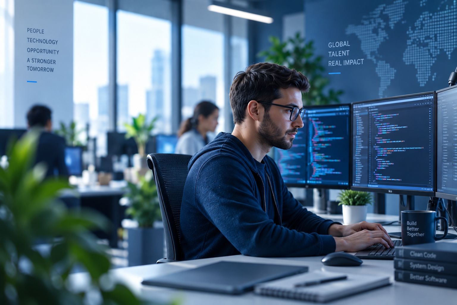 Technical professional working with software development tools in a modern technology workplace