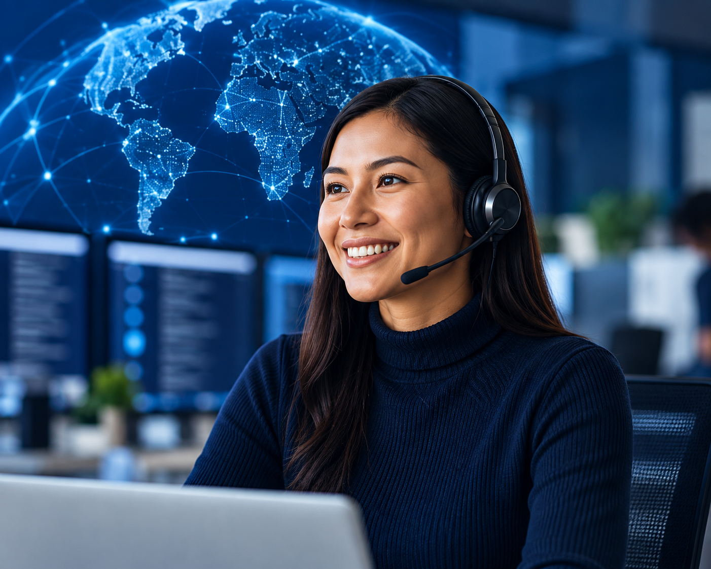 StaffWiz remote professional wearing a headset in front of a global network display