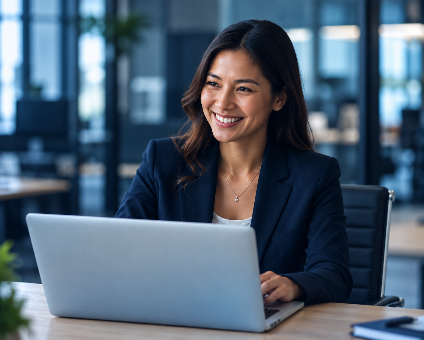 StaffWiz professional smiling while working at her laptop