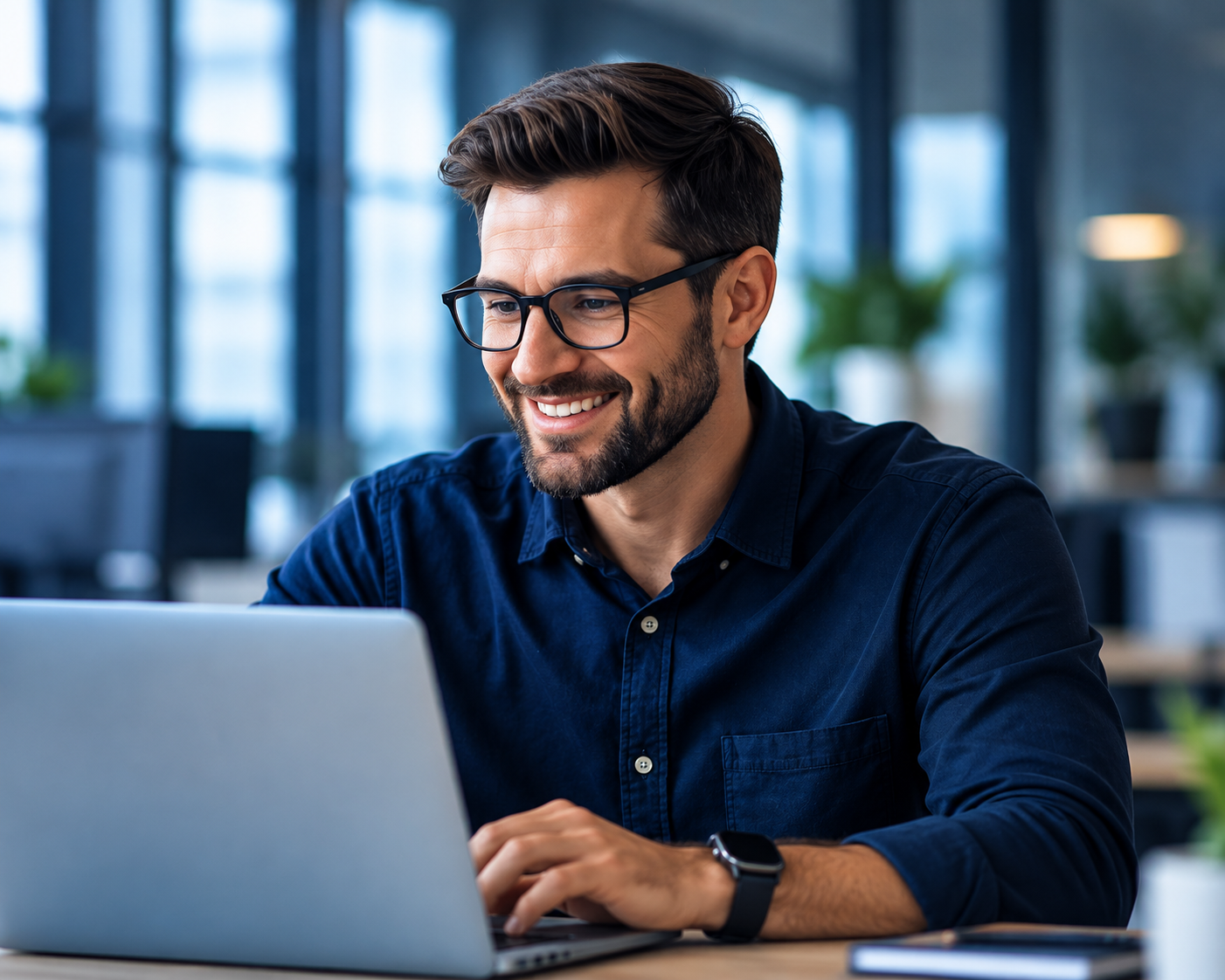 StaffWiz professional smiling while working on a laptop