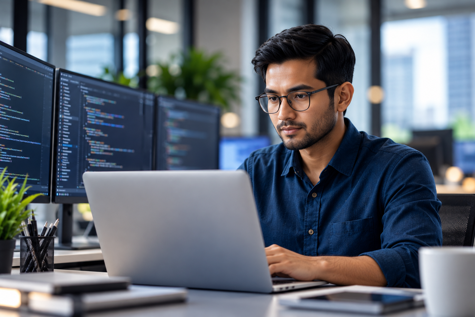 Software developer working with code on multiple monitors