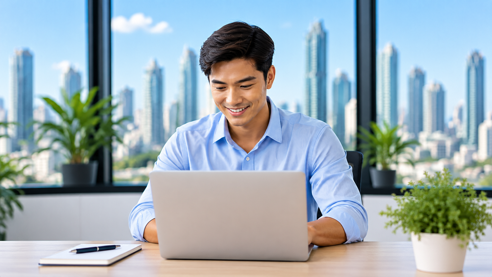 StaffWiz remote project support coordinator smiling while working on his laptop