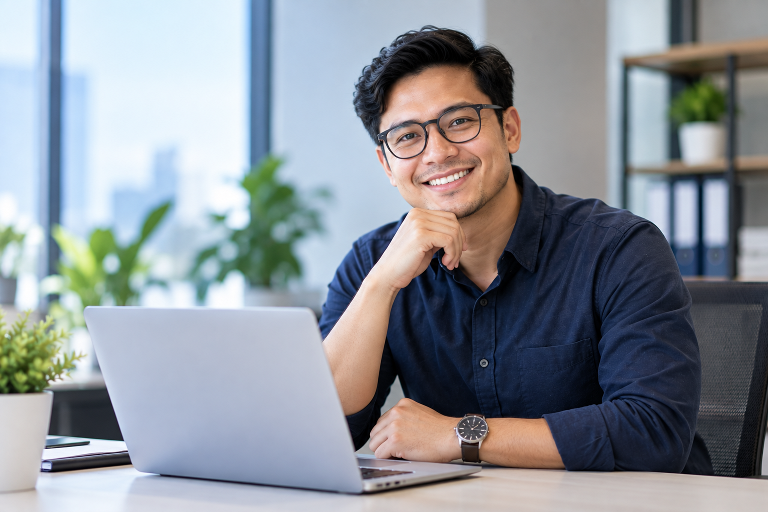 StaffWiz remote construction estimator smiling while working on his laptop