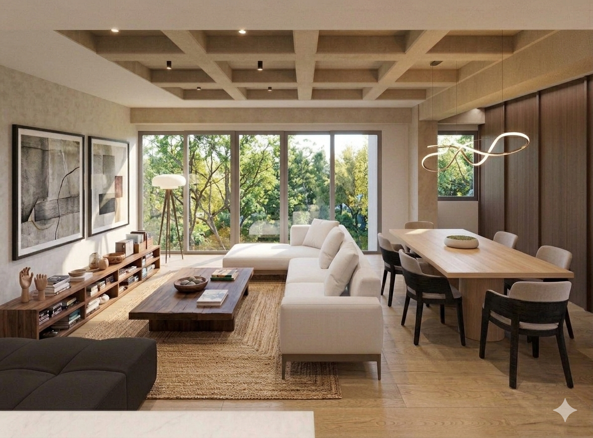 Interior residencial cálido con sala y comedor integrados