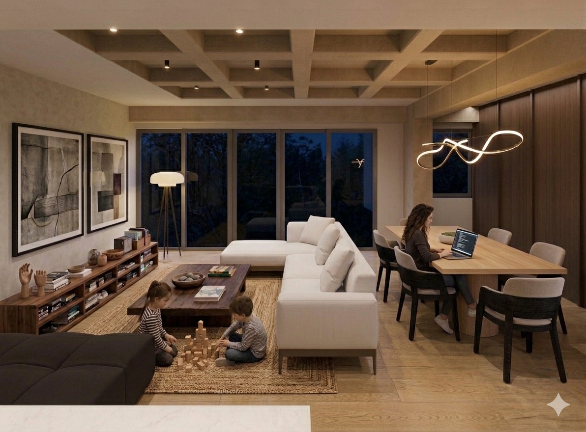Render de sala comedor amplia y luminosa de Sé Escandón