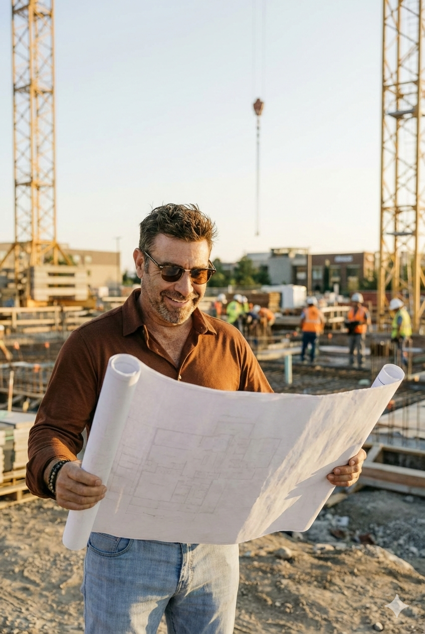 Shannon Robnett reviewing blueprints on a multifamily construction site at golden hour