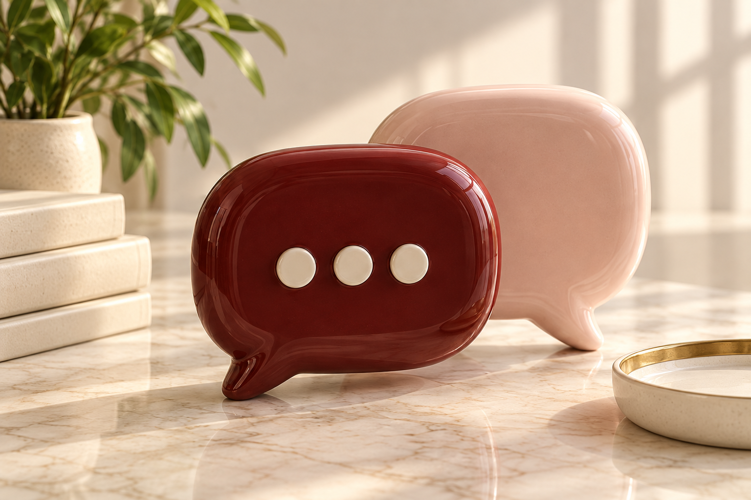 Two ceramic speech bubbles, a conversation