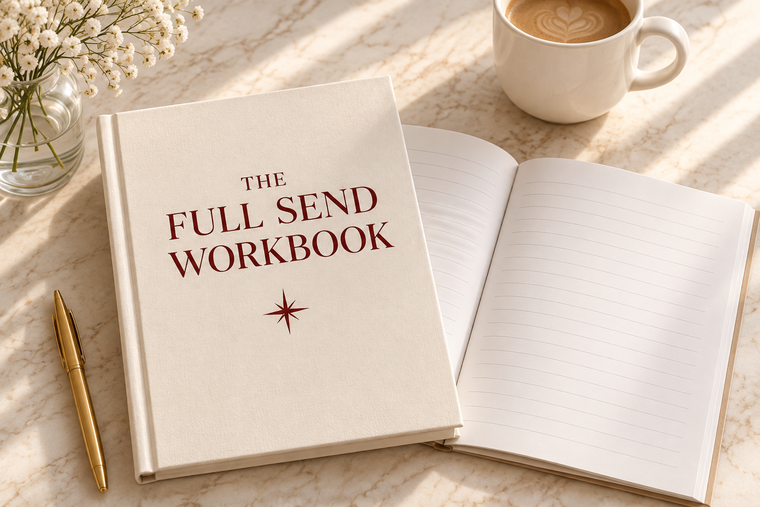 The Full Send workbook open on a desk beside a coffee and a pen