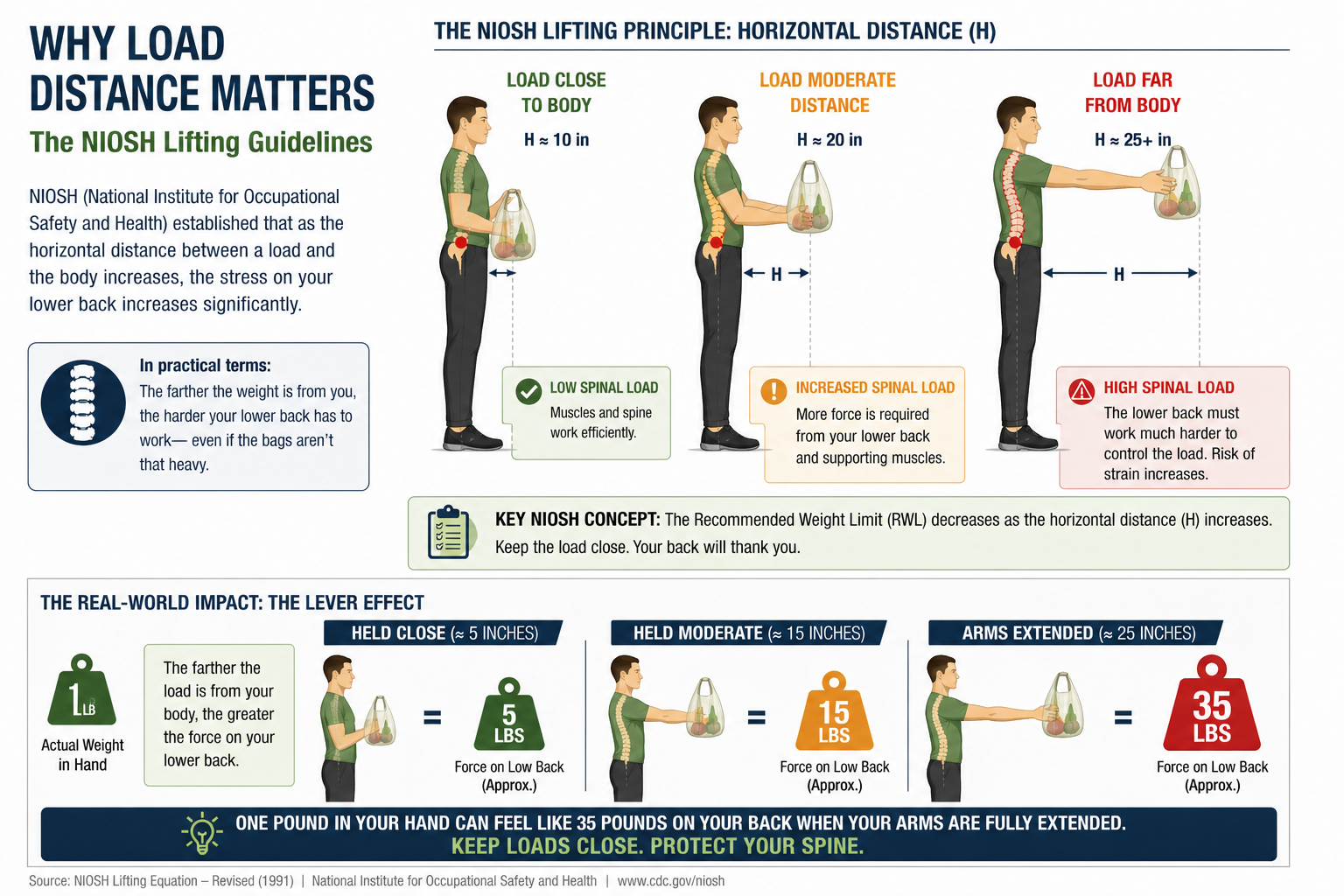 Ergonomic infographic showing how load distance affects back strain when carrying groceries, based on NIOSH lifting guidelines.