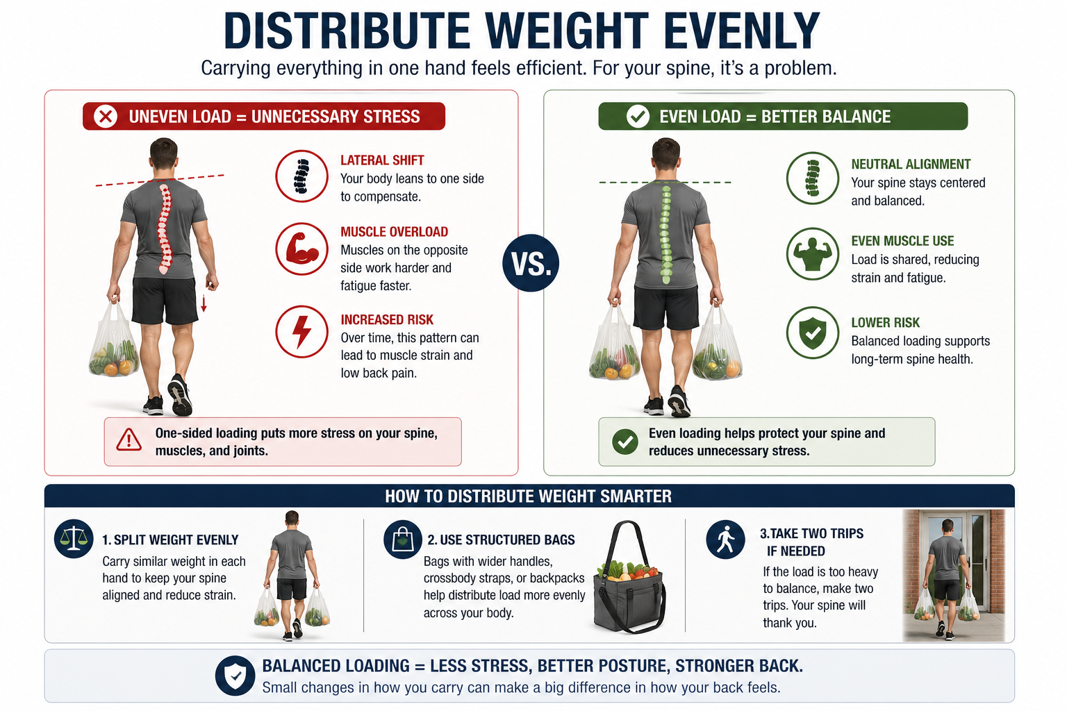 Ergonomic infographic explaining why distributing grocery weight evenly prevents low‑back pain by keeping the spine aligned and reducing muscle fatigue.