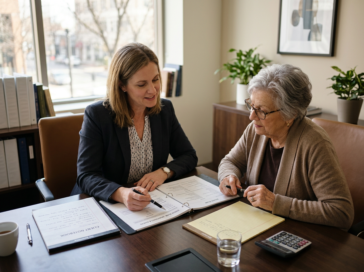 A friendly accountant talking a client through their accounts at the kitchen table