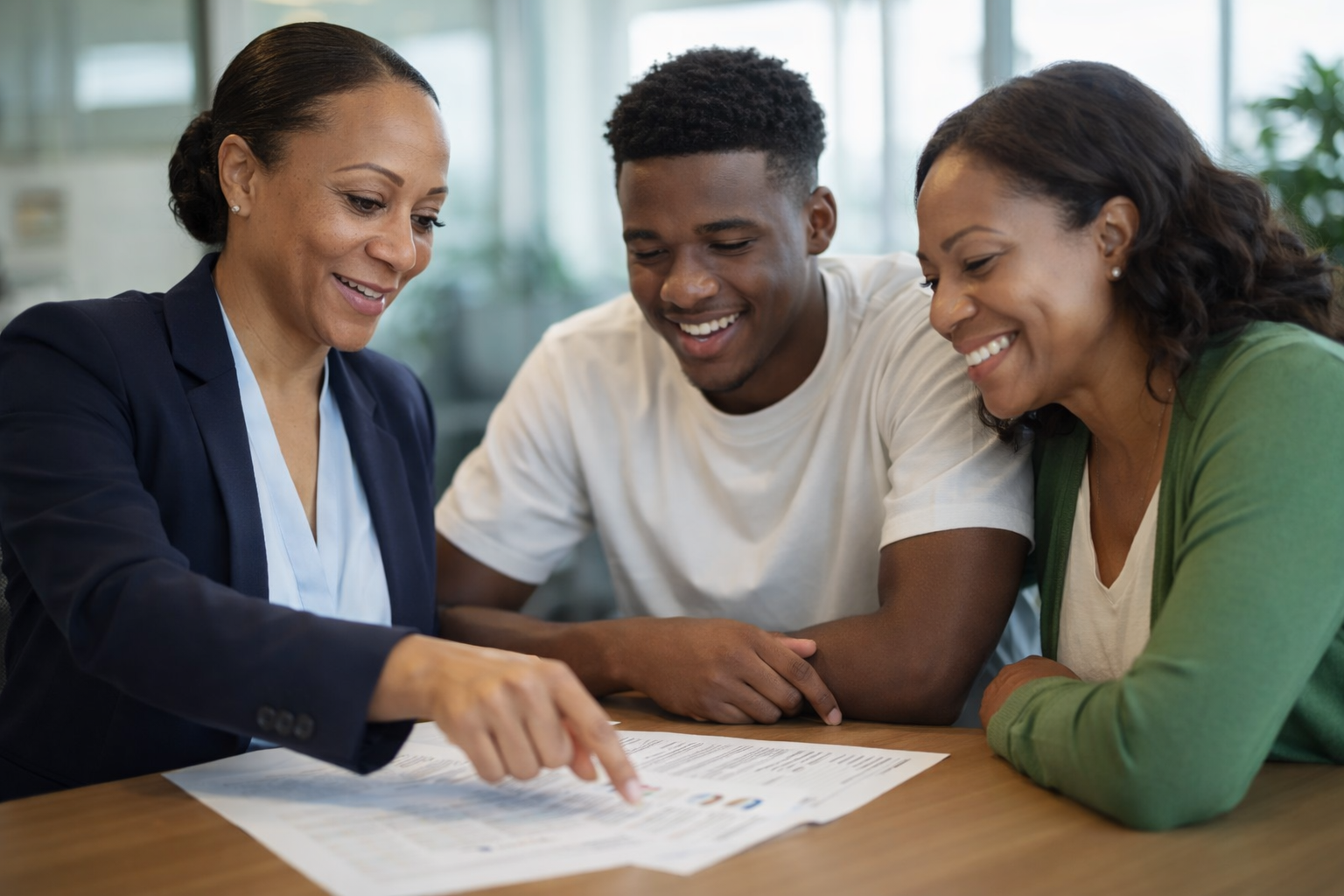 Stephanie Gibbs reviewing a college plan with a parent and student